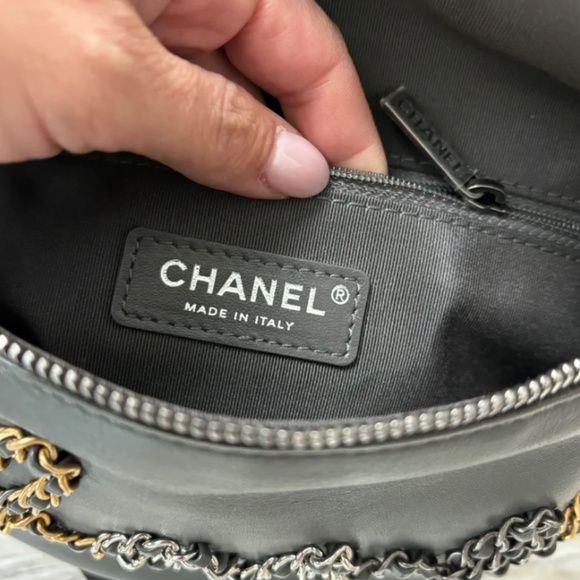Authentic Chanel Grey Calfskin Leather Three-tone Metal Chain Signs Waist Bag - Picture 11 of 12